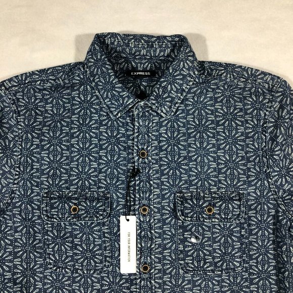 NEW Express Mens Medium Chambray Button Front Shirt Geometric Floral NWT $59.90 - Picture 2 of 13